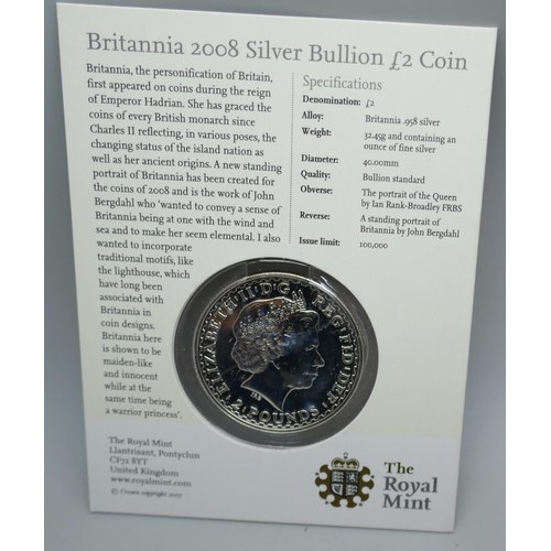 7208 - The Royal Mint Britannia £2 silver coin, 1oz fine silver, 2008