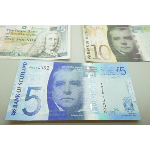 7212 - A collection of seven bank notes, Scottish £5 and £10 notes, together with one £20