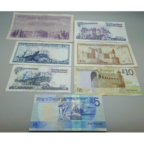 7212 - A collection of seven bank notes, Scottish £5 and £10 notes, together with one £20