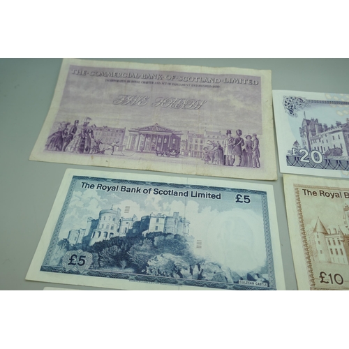 7212 - A collection of seven bank notes, Scottish £5 and £10 notes, together with one £20