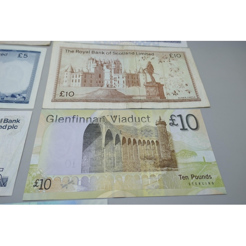 7212 - A collection of seven bank notes, Scottish £5 and £10 notes, together with one £20