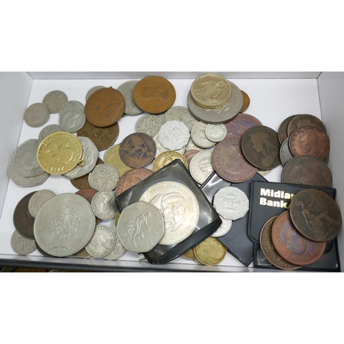 7214 - A collection of coins and bank notes including a Georgian crown, Victorian half crown and a George V... 