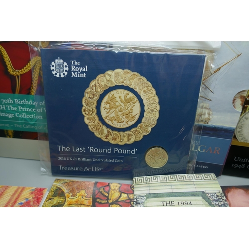 7219 - A collection of Royal Mint coin packs including 200th Anniversary Nelson Trafalgar, UK 1948 Celebrat... 