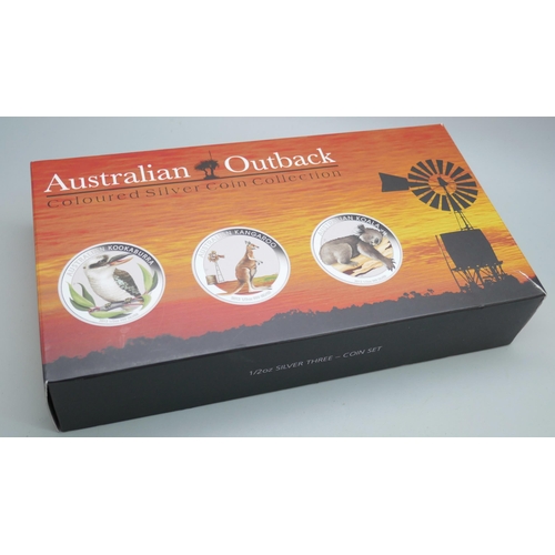 7220 - The Perth Mint, Australian Outback coloured silver coin collection ½oz silver three coin set, with c... 