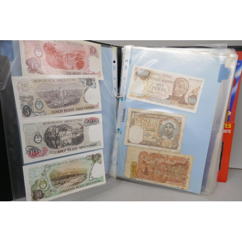 7224 - A folder containing world bank notes including Germany, Japan, Turkey, USA, Argentina, etc.