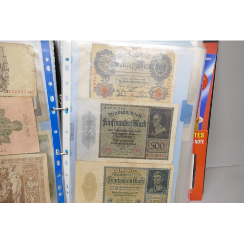 7224 - A folder containing world bank notes including Germany, Japan, Turkey, USA, Argentina, etc.