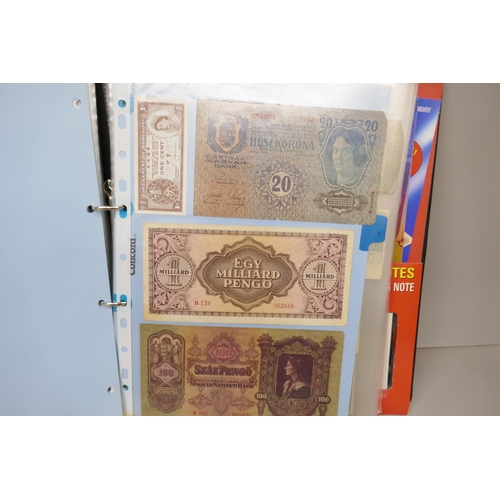 7224 - A folder containing world bank notes including Germany, Japan, Turkey, USA, Argentina, etc.