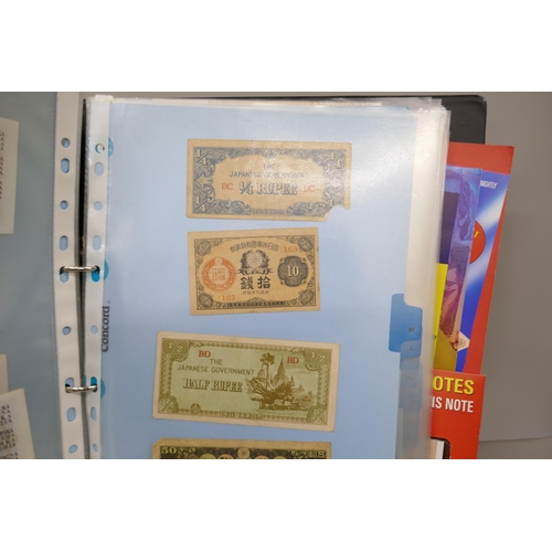 7224 - A folder containing world bank notes including Germany, Japan, Turkey, USA, Argentina, etc.