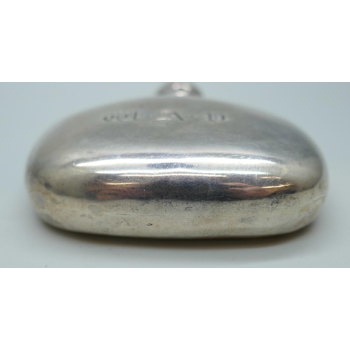 7228 - A small Victorian silver flask with monogram, hallmarks worn, 27g, 6cm