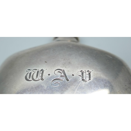 7228 - A small Victorian silver flask with monogram, hallmarks worn, 27g, 6cm