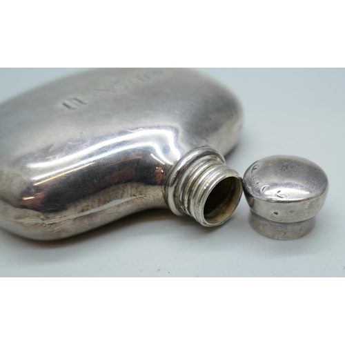 7228 - A small Victorian silver flask with monogram, hallmarks worn, 27g, 6cm