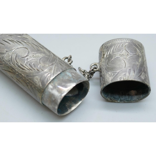 7230 - A .830 silver server, a silver case and a miniature silver two handled bowl, 2cm tall, 49g total