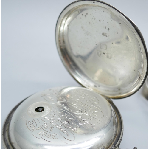 7234 - A silver full hunter pocket watch, Chester 1891, with inscription to inner case, together with a Vic... 