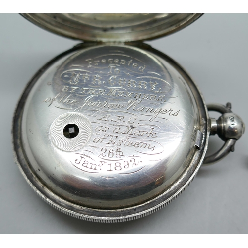 7234 - A silver full hunter pocket watch, Chester 1891, with inscription to inner case, together with a Vic... 