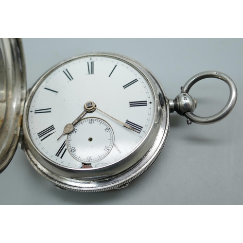 7234 - A silver full hunter pocket watch, Chester 1891, with inscription to inner case, together with a Vic... 