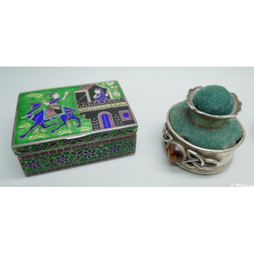 7236 - An Eastern silver and enamel pot, four silver and white metal pill boxes, two silver thimbles, a pla... 