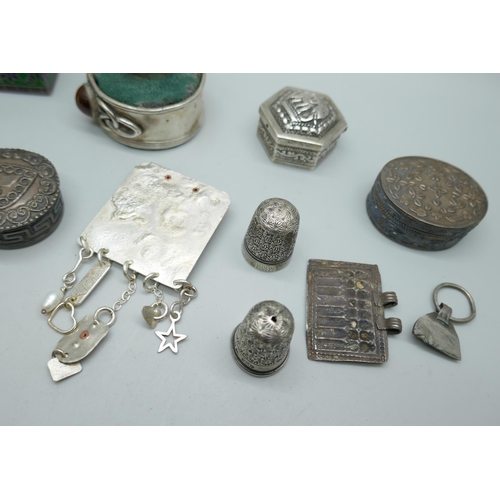 7236 - An Eastern silver and enamel pot, four silver and white metal pill boxes, two silver thimbles, a pla... 