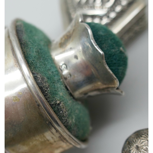 7236 - An Eastern silver and enamel pot, four silver and white metal pill boxes, two silver thimbles, a pla... 