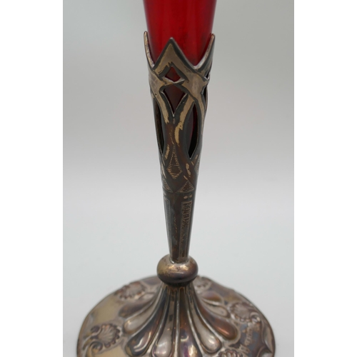 7240 - An Art Nouveau silver and cranberry glass trumpet vase, the glass a/f lacking tip, London 1900, 17cm