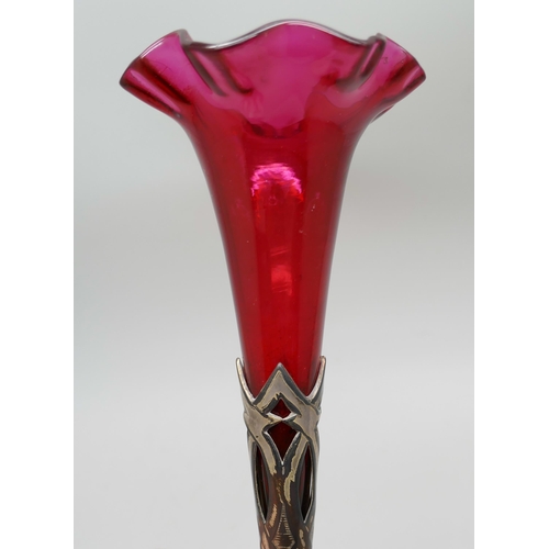 7240 - An Art Nouveau silver and cranberry glass trumpet vase, the glass a/f lacking tip, London 1900, 17cm