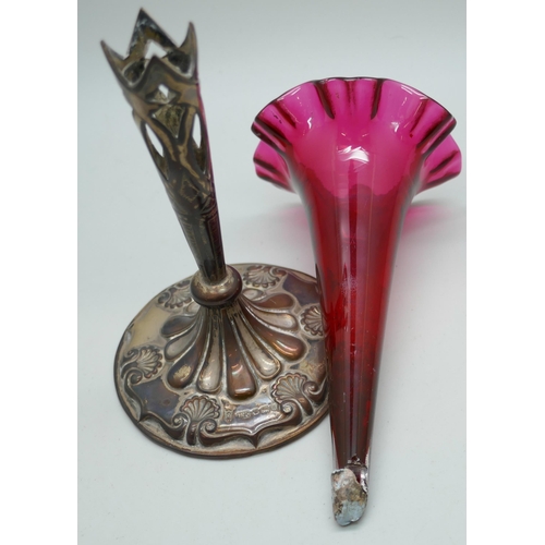 7240 - An Art Nouveau silver and cranberry glass trumpet vase, the glass a/f lacking tip, London 1900, 17cm