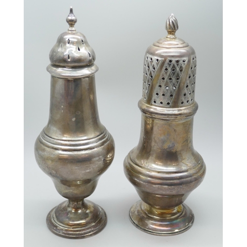 7241 - Two silver sugar casters, hallmarks worn on taller example, the other Birmingham 1968, 229g total we... 