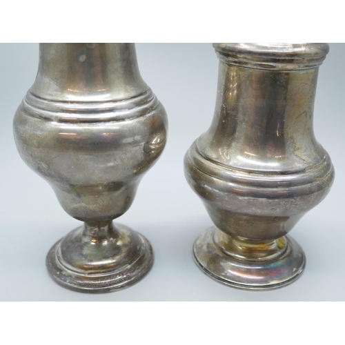 7241 - Two silver sugar casters, hallmarks worn on taller example, the other Birmingham 1968, 229g total we... 