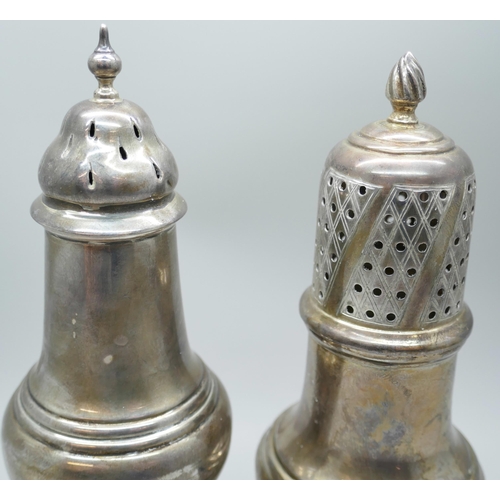 7241 - Two silver sugar casters, hallmarks worn on taller example, the other Birmingham 1968, 229g total we... 