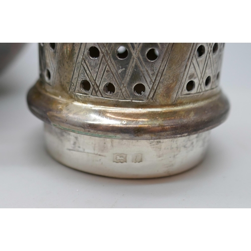 7241 - Two silver sugar casters, hallmarks worn on taller example, the other Birmingham 1968, 229g total we... 