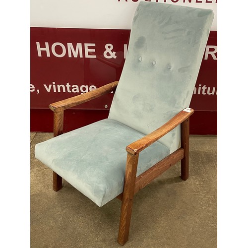 96 - A beech and duck egg blue fabric upholstered armchair