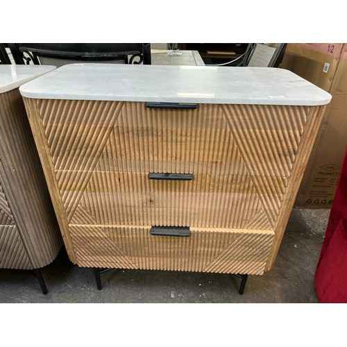 3003 - A mango wood 3 door chest with marble top  *This lot is subject to Vat