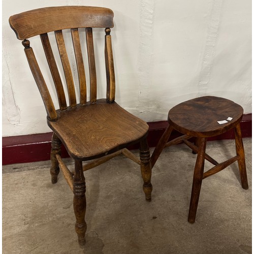 177 - A Victorian elm and beech kitchen chair and a stool