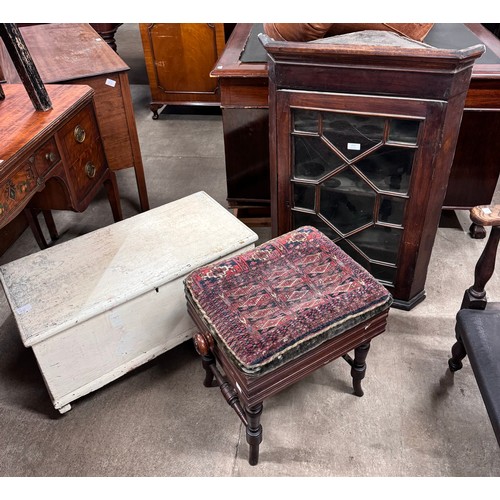 212 - A George III mahogany corner cabinet, a painted pine blanket box and a Victorian piano stool