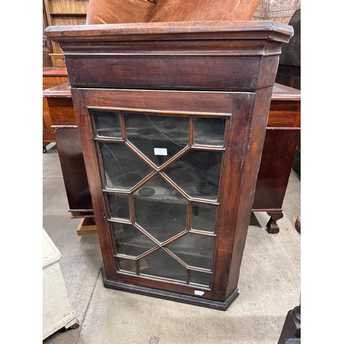 212 - A George III mahogany corner cabinet, a painted pine blanket box and a Victorian piano stool