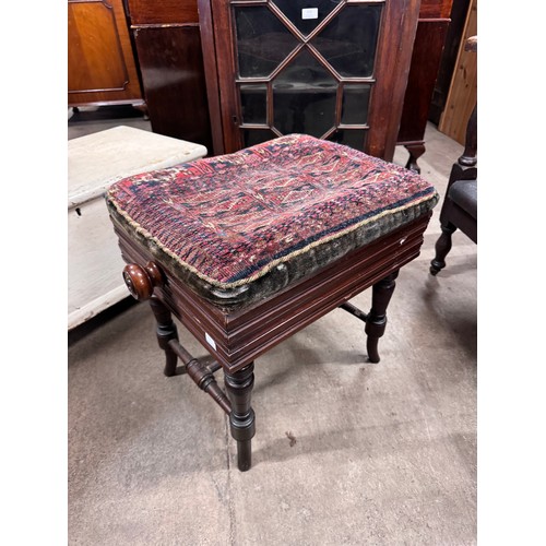 212 - A George III mahogany corner cabinet, a painted pine blanket box and a Victorian piano stool