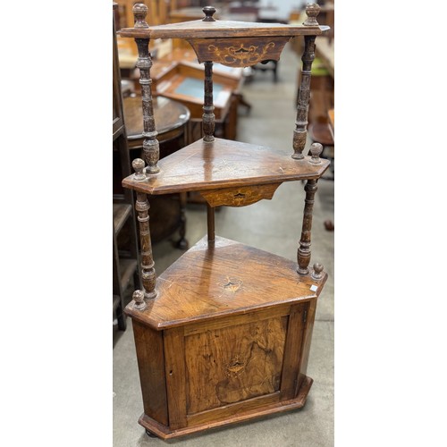 190 - A Victorian inlaid walnut three tier corner whatnot