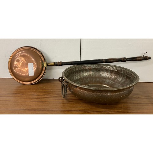 309 - A copper warming pan and a two handled pot