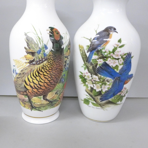 2014 - Three vases, Danbury Mint Bluebird vase, a Royal Grafton pheasant vase and a German vase, tallest 29... 