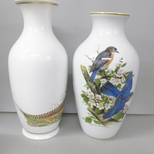 2014 - Three vases, Danbury Mint Bluebird vase, a Royal Grafton pheasant vase and a German vase, tallest 29... 