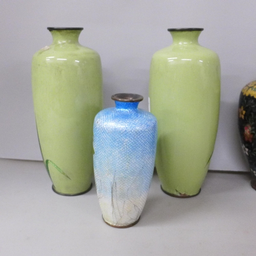 2015 - A collection of five Cloisonné vases includes a pair, tallest 18cm, all a/f