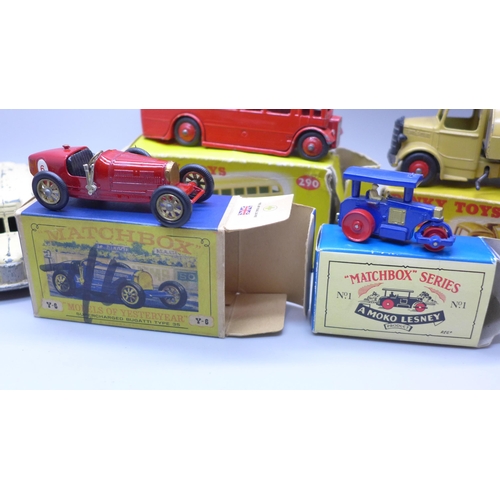 2017 - Seven die-cast model vehicles; Dinky Toys 252 refuse wagon and 290 double deck bus, Matchbox No1 and... 