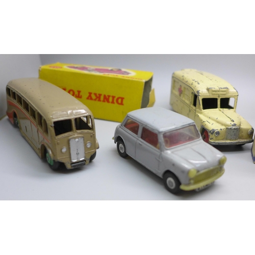 2017 - Seven die-cast model vehicles; Dinky Toys 252 refuse wagon and 290 double deck bus, Matchbox No1 and... 