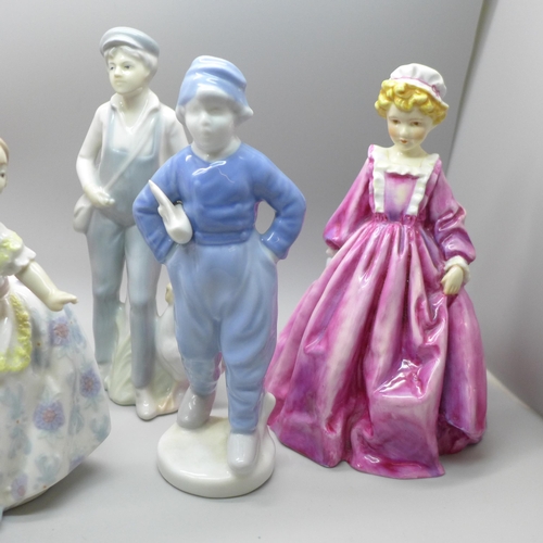 2018 - Seven figures; Royal Worcester Grandmothers Dress, Royal Doulton Marie, three ceramic figures includ... 