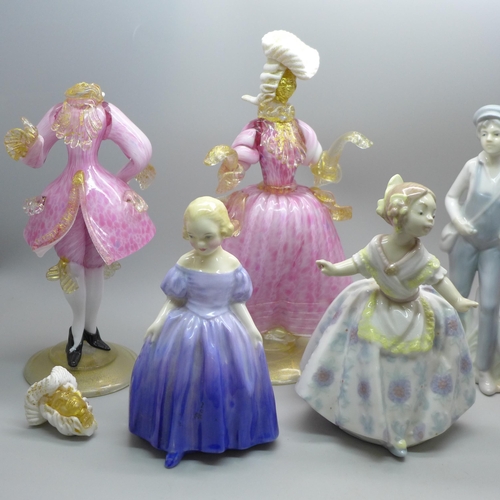 2018 - Seven figures; Royal Worcester Grandmothers Dress, Royal Doulton Marie, three ceramic figures includ... 