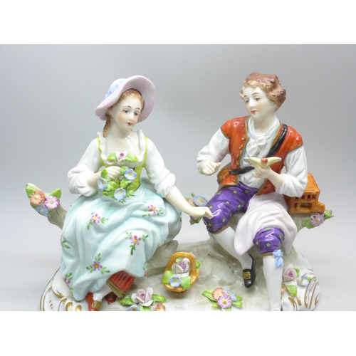 2020 - A Sitzendorf figure group, a/f, posy in left hand damaged