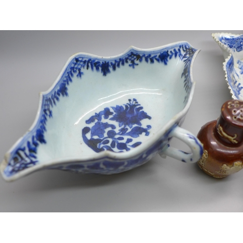 2022 - Three blue and white pickle dishes including a pair of Staffordshire ribbed leaf Willow pattern, a b... 