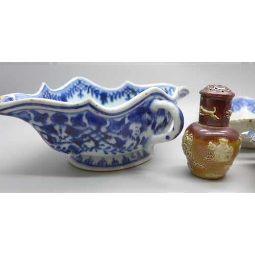 2022 - Three blue and white pickle dishes including a pair of Staffordshire ribbed leaf Willow pattern, a b... 