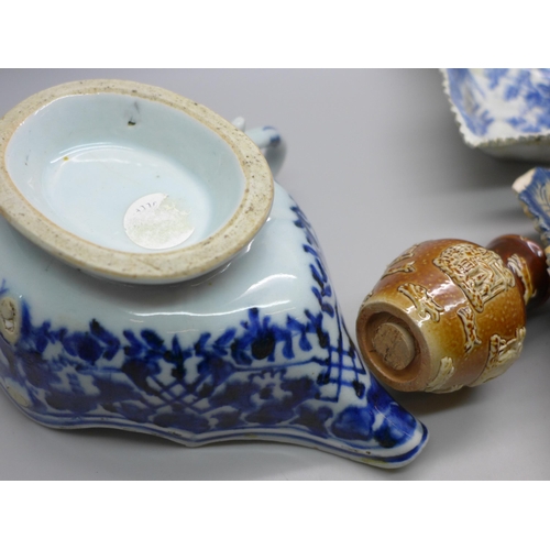 2022 - Three blue and white pickle dishes including a pair of Staffordshire ribbed leaf Willow pattern, a b... 