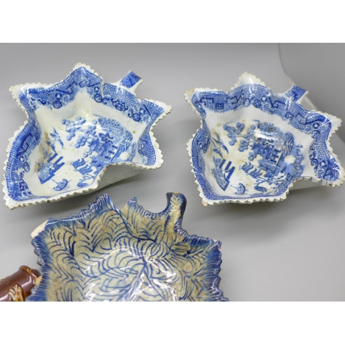 2022 - Three blue and white pickle dishes including a pair of Staffordshire ribbed leaf Willow pattern, a b... 