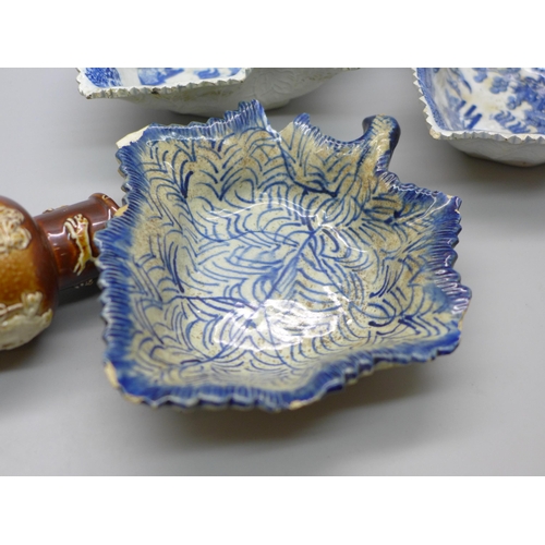 2022 - Three blue and white pickle dishes including a pair of Staffordshire ribbed leaf Willow pattern, a b... 